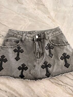 Grey‎ Acid Wash Denim Mini Skirt with Black Cross Patches and Studs Streetwear